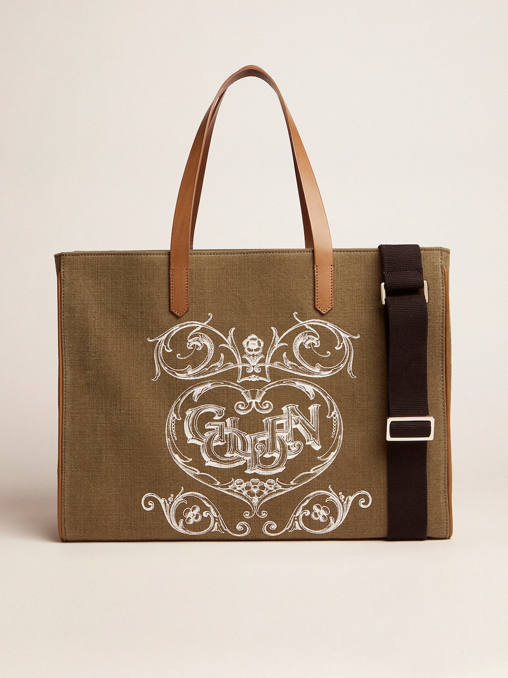 Golden Goose - Sac California Bag en toile vert militaire East-West avec imprimé en sérigraphie in 
