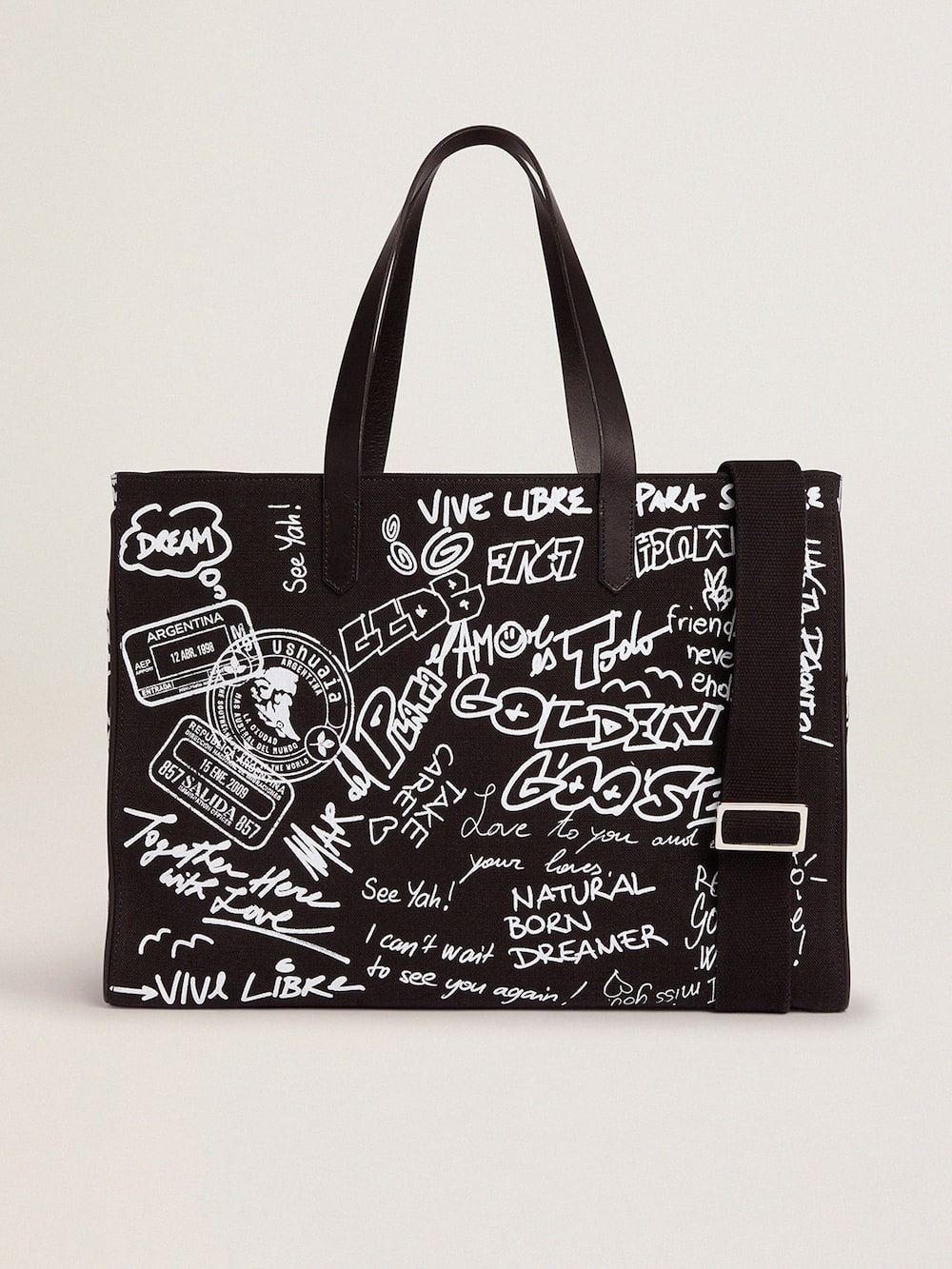 Golden Goose - Schwarze California Bag im Querformat mit Graffitiprint in kontrastierendem Weiß in 
