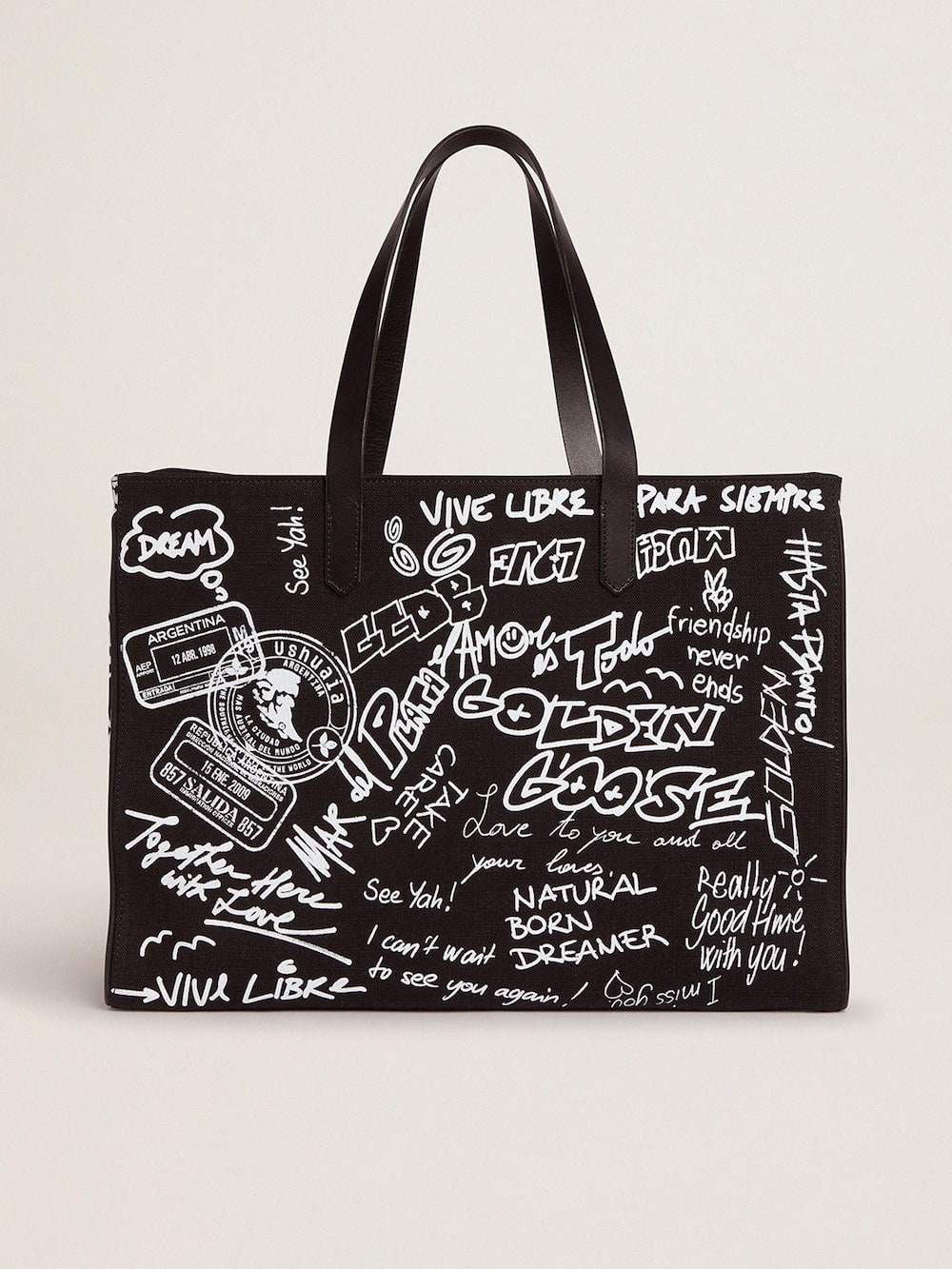 Golden Goose - Bolso California Bag East-West de color negro con estampado de grafiti blanco en contraste in 