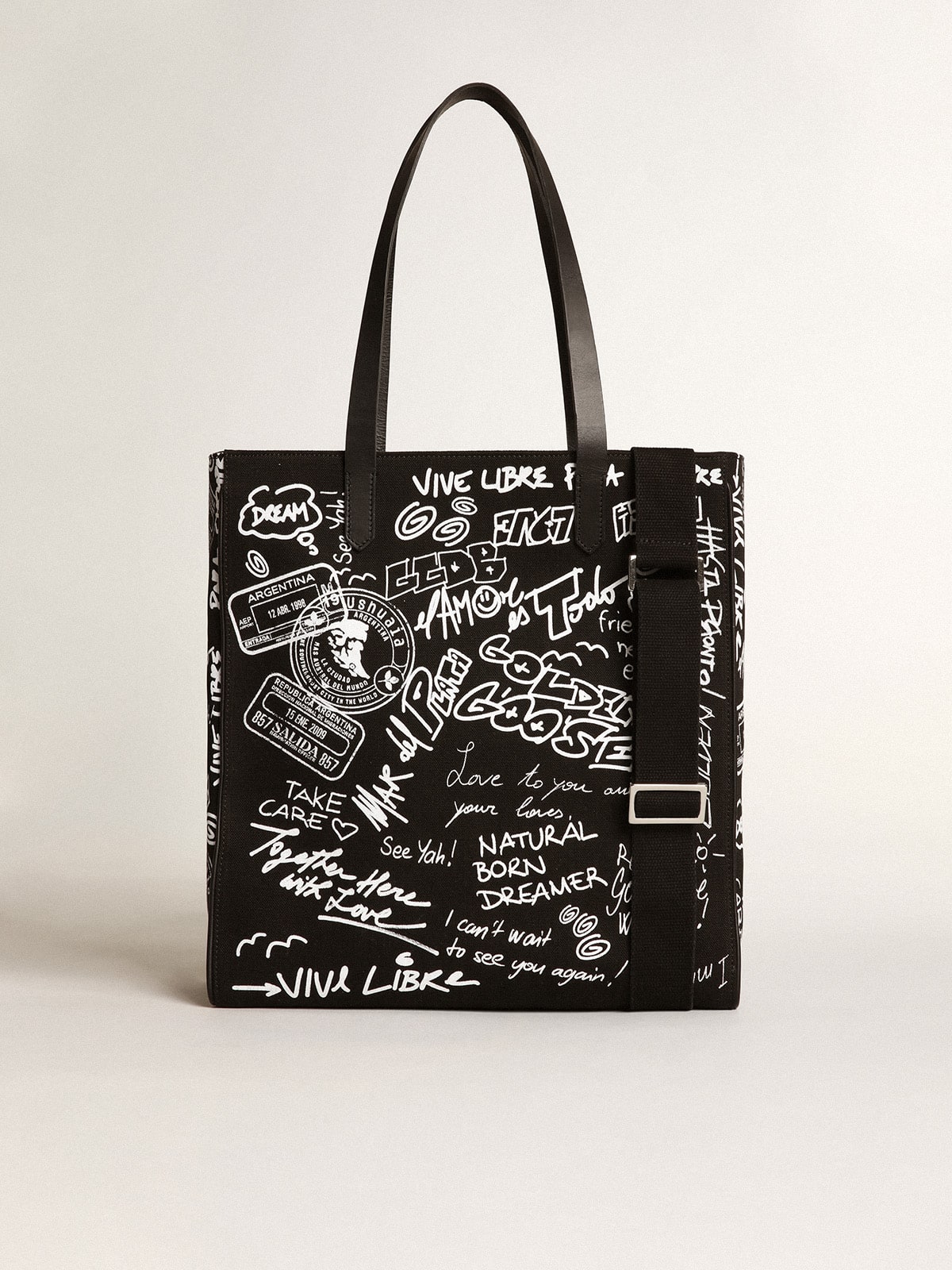 Golden Goose - Black North-South California Bag with contrasting white graffiti print in 