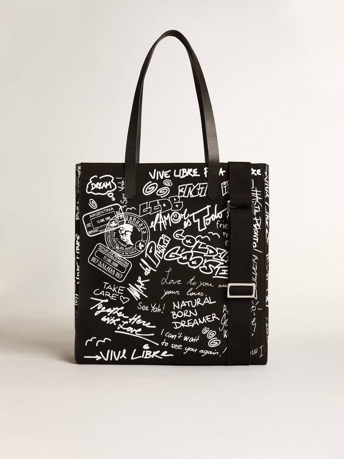 Golden Goose - Black North-South California Bag with contrasting white graffiti print in 