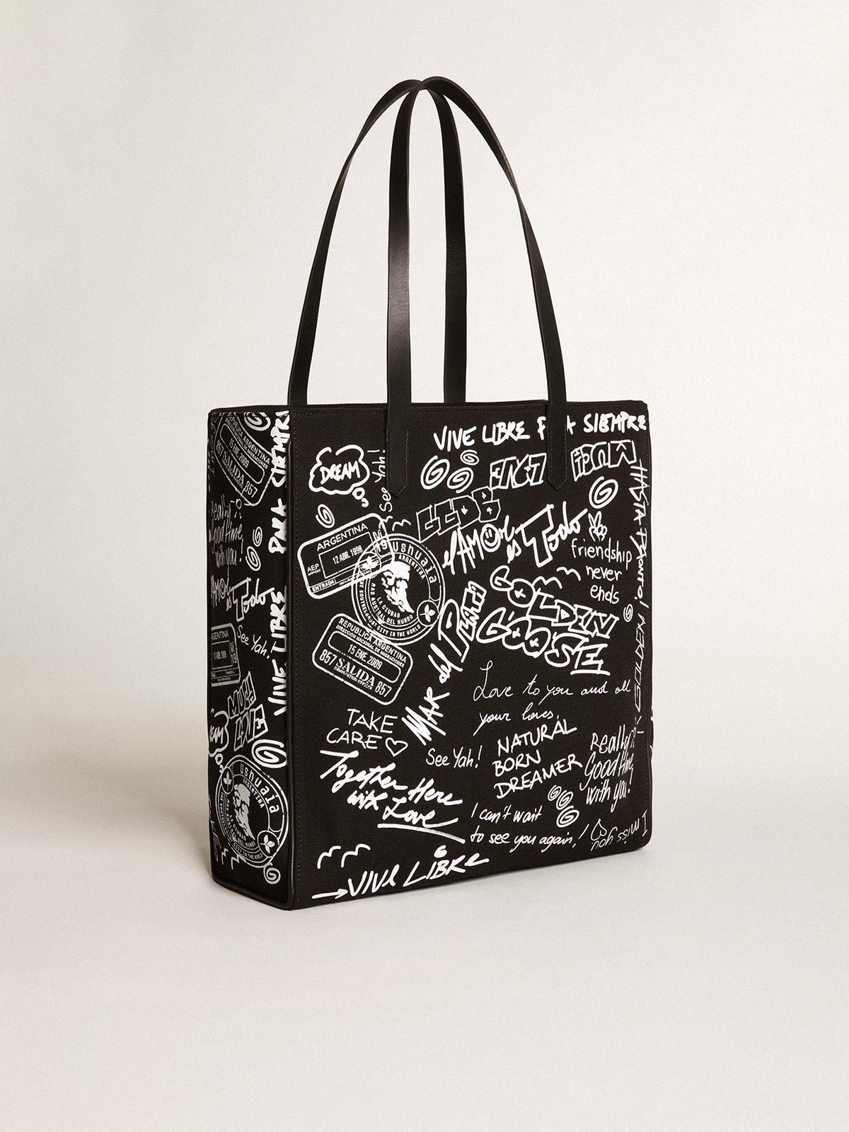 Golden Goose - Black North-South California Bag with contrasting white graffiti print in 