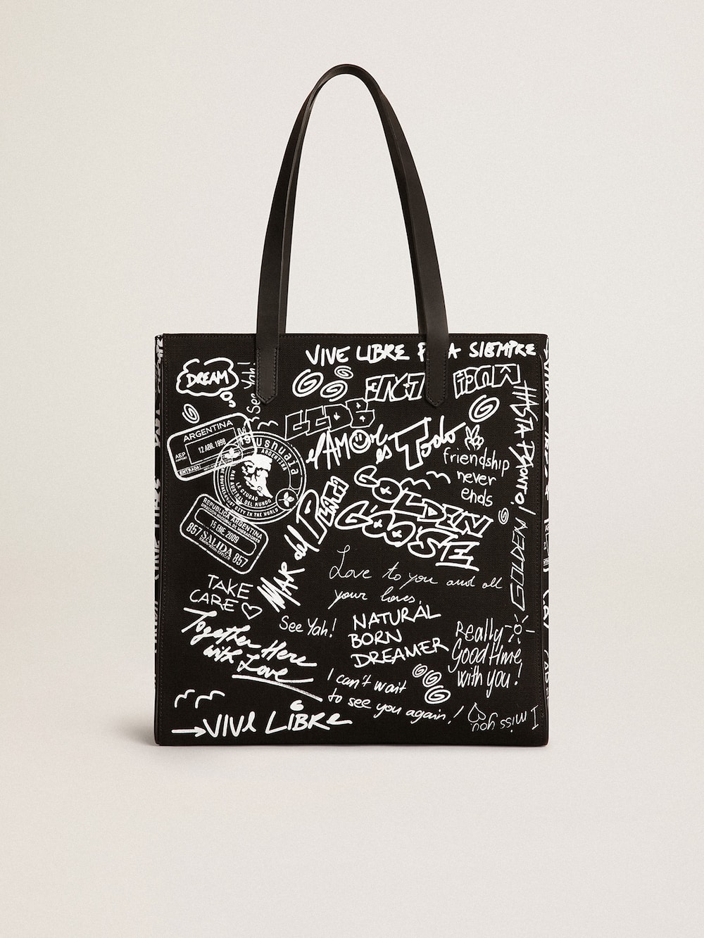 Golden Goose - Black North-South California Bag with contrasting white graffiti print in 