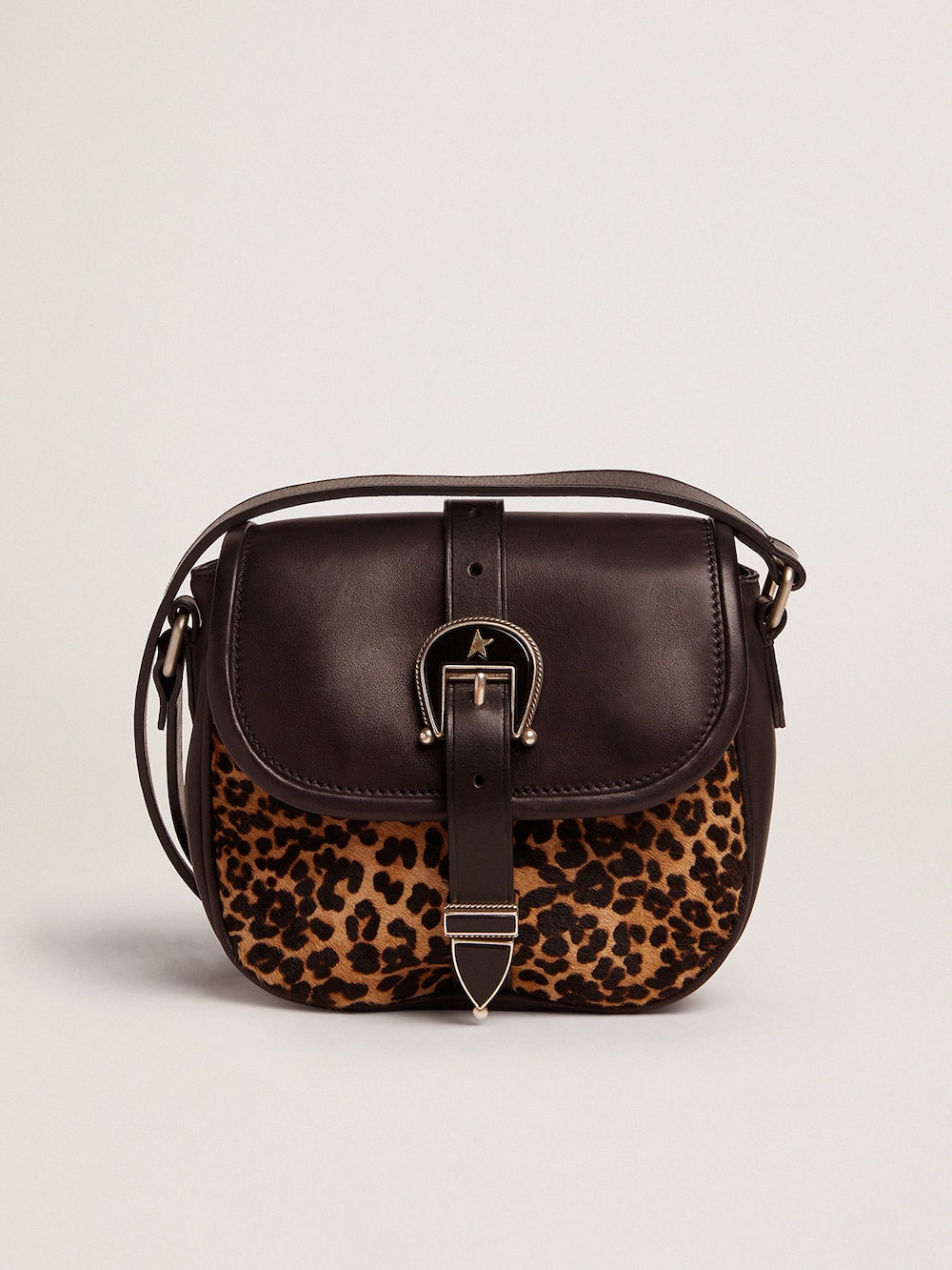 Golden Goose - Petit sac Rodeo Bag en cuir noir et cuir façon poulain à imprimé léopard in 
