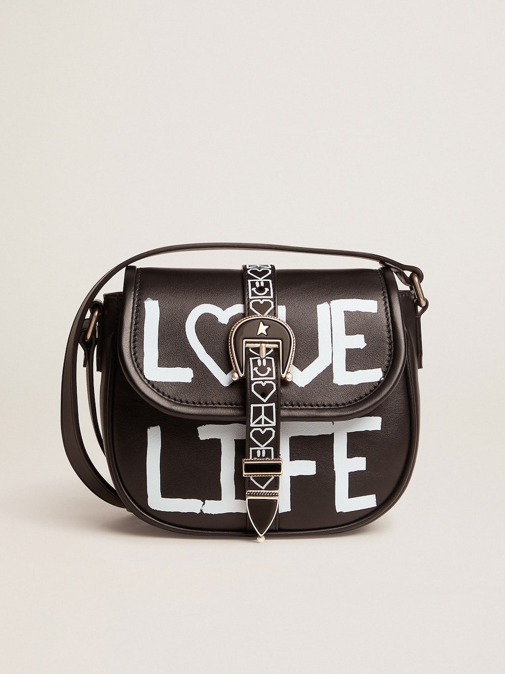 Golden Goose - Kleine schwarze Rodeo Bag aus Leder mit „Love Life“-Siebdruck in 