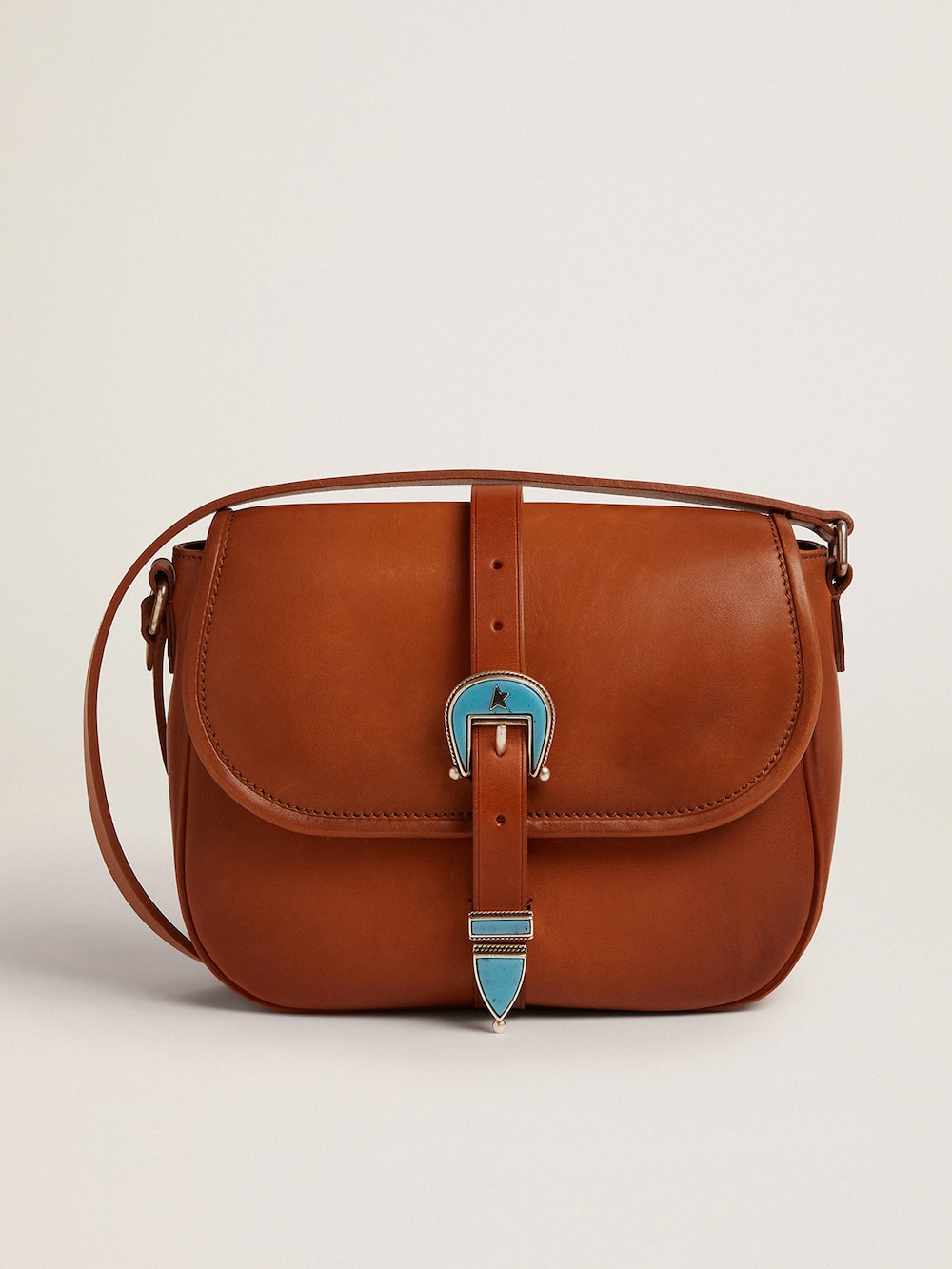 Golden Goose - Tasche Rodeo Bag Medium aus naturfarbenem Leder mit hellblauen Details in 