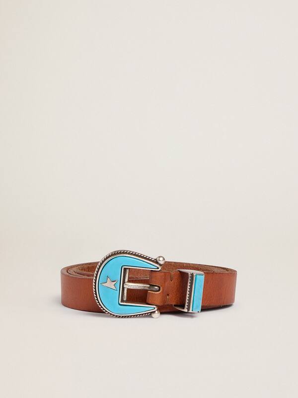 Rodeo belt in leather with blue buckle