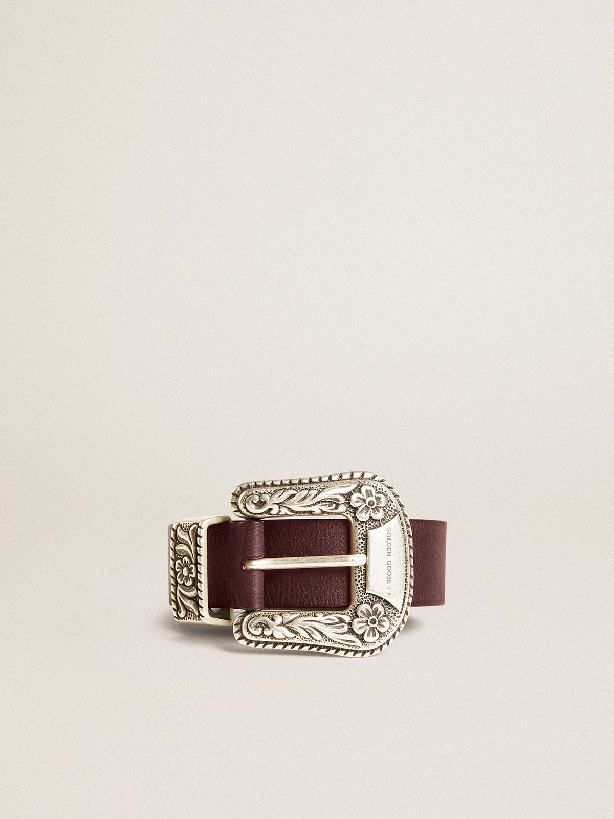 Golden Goose - Women’s belt in burgundy leather with decorated silver buckle in 