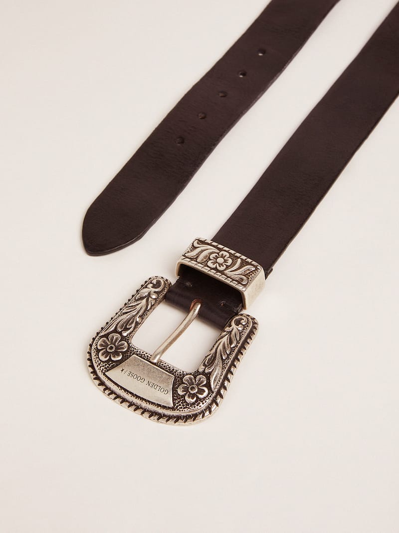 Golden Goose - Cintur&oacute;n de piel negra con hebilla decorada en plateado para mujer in 