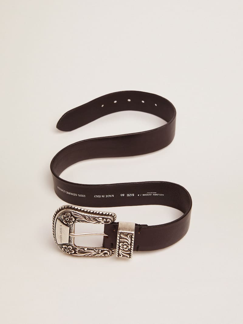 Golden Goose - Cintur&oacute;n de piel negra con hebilla decorada en plateado para mujer in 