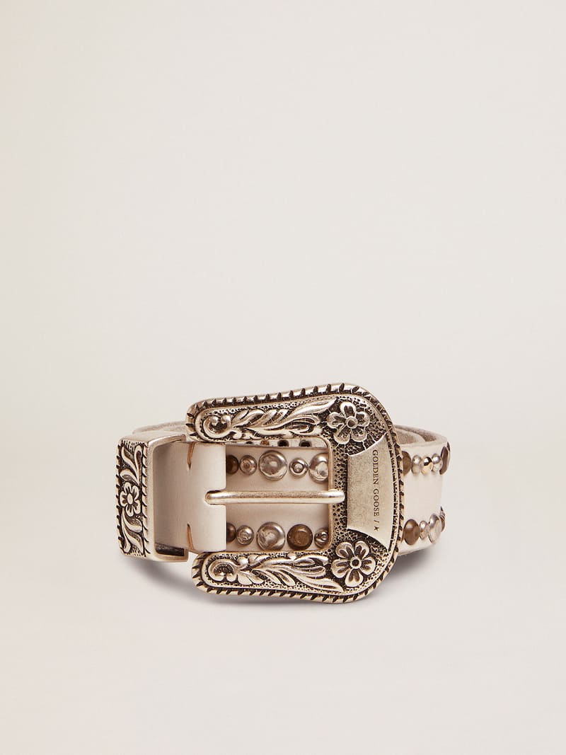 Cinturón de piel blanca con tachuelas de colores para mujer