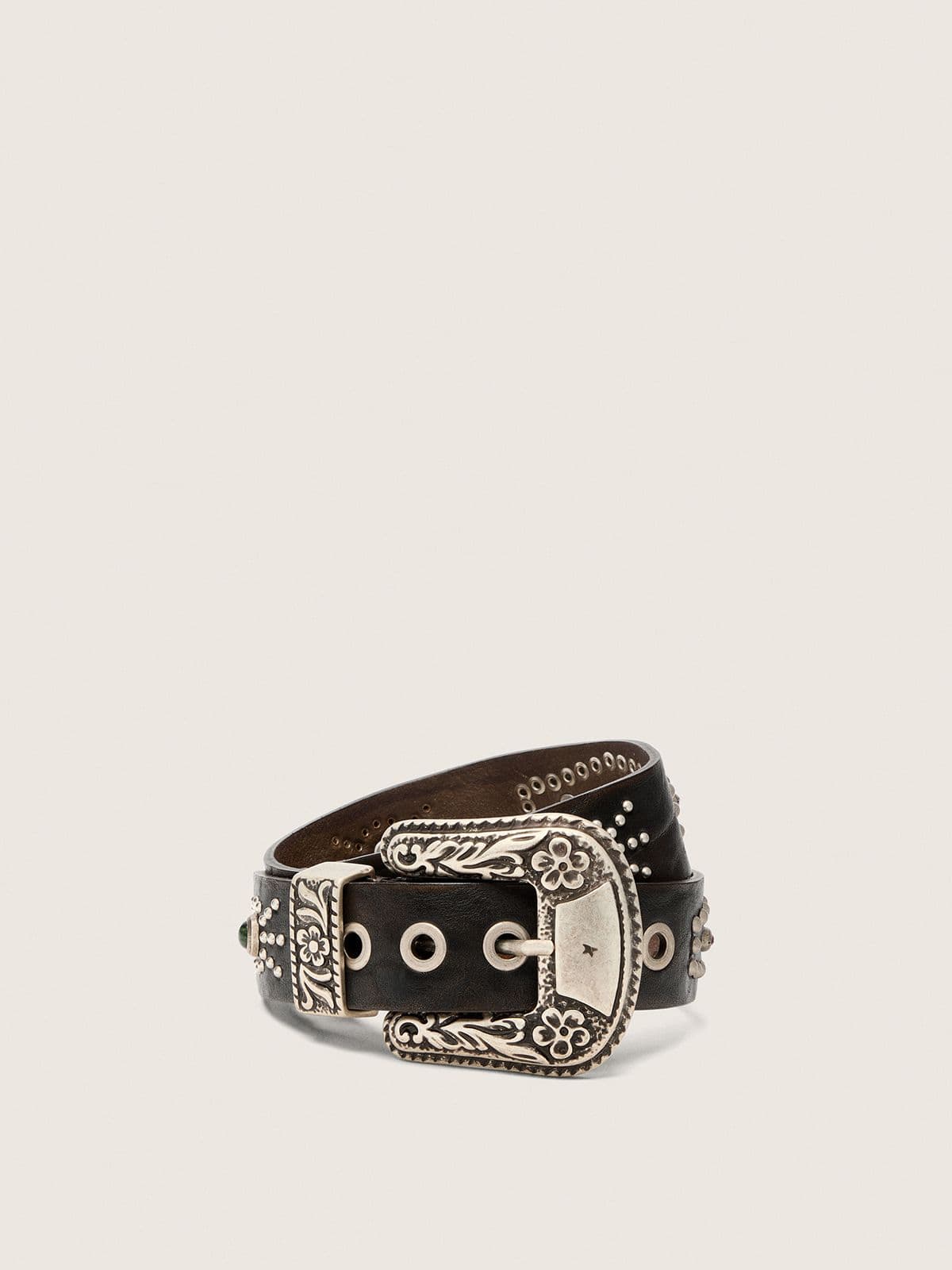 Golden Goose - Lace belt in tan-colored washed leather with studs and inlays in 