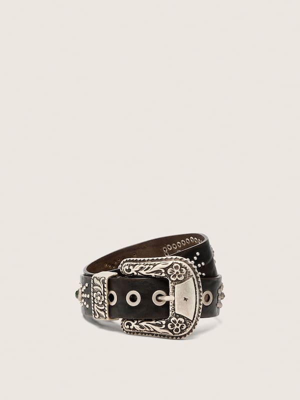 Golden Goose - Lace belt in tan-colored washed leather with studs and inlays in 
