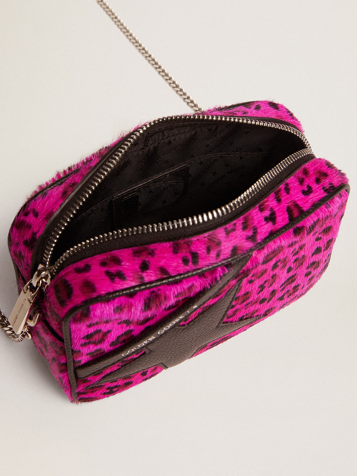 Golden Goose - Mini Star Bag in fuchsia leopard-print pony skin with black leather star in 