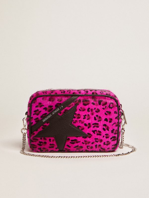 Mini Star Bag in fuchsia leopard-print pony skin with black leather star