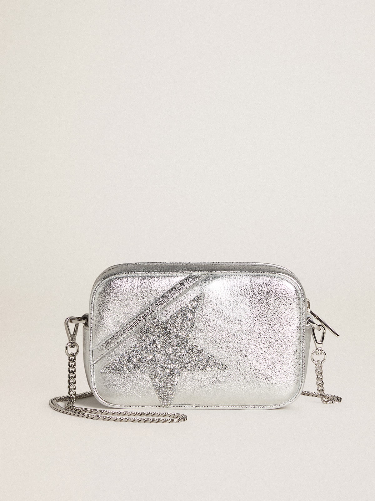 Mini Star Bag in silver metallic leather with Swarovski crystal star Golden Goose