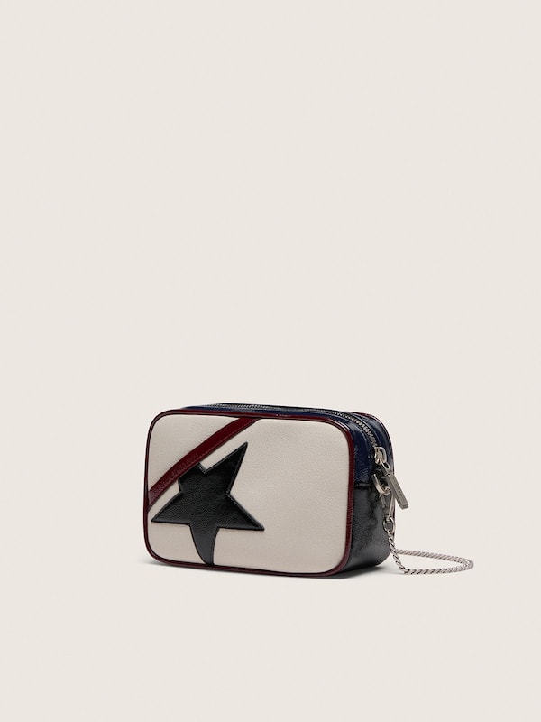 Butterwei&szlig;e Mini Star Bag aus Leder mit schwarzem Stern und Details in Bordeaux und Dunkelblau