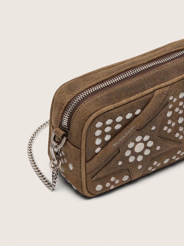 Golden Goose - Mini Star Bag en cuir velours vert militaire avec &eacute;toile ton sur ton et cabochons appliqu&eacute;s in 