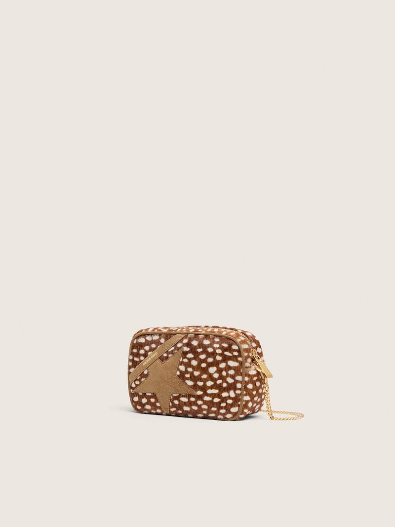 Golden Goose - Mini Star Bag de couro cavalinho animal print em tons de marrom e branco e estrela bege in 