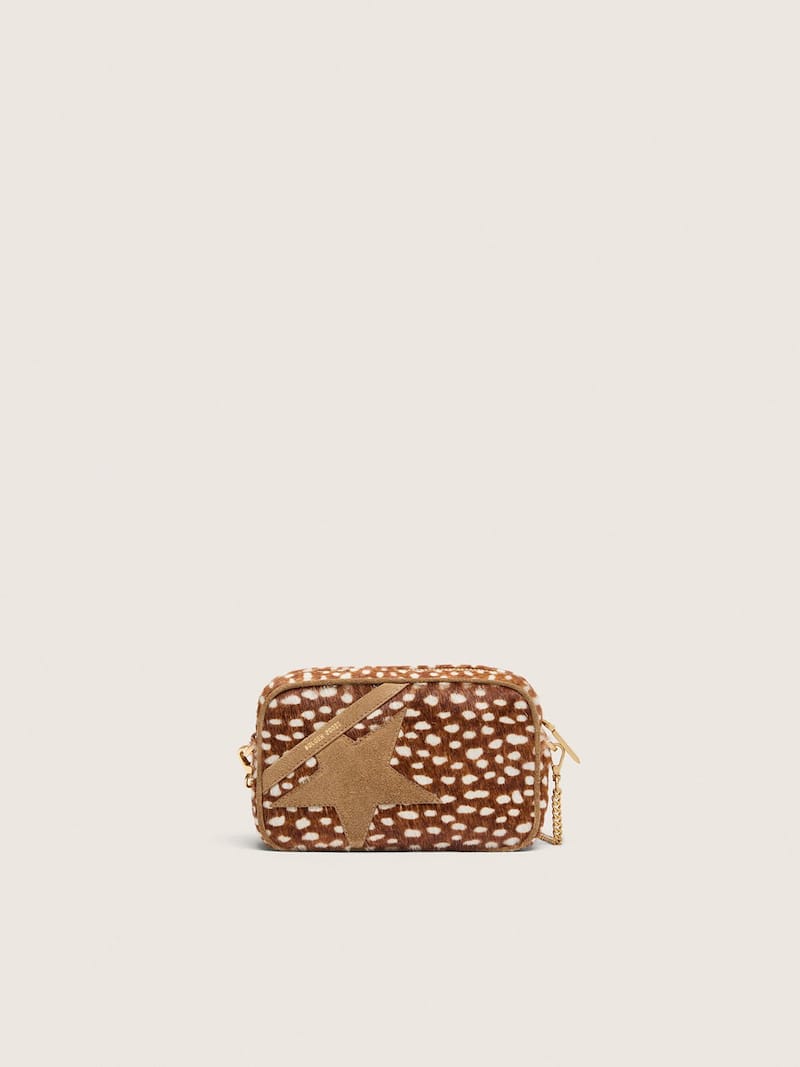 Golden Goose - Mini Star Bag de couro cavalinho animal print em tons de marrom e branco e estrela bege in 
