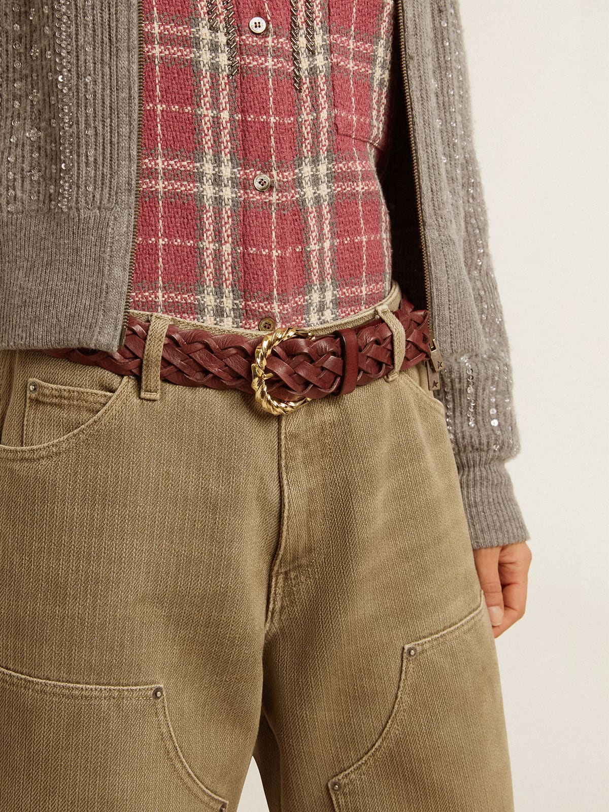 Women's burgundy woven leather belt