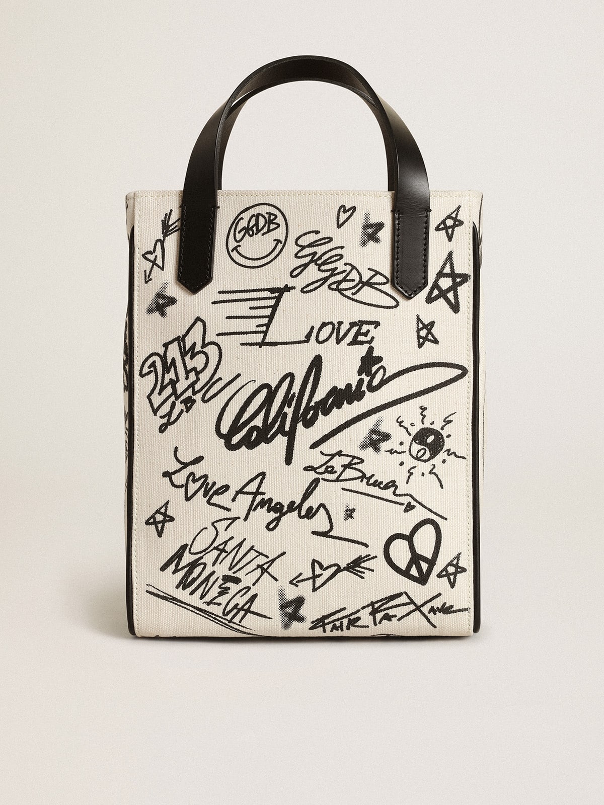 Golden Goose - California Bag mini in cotone bianco con stampa nera  in 