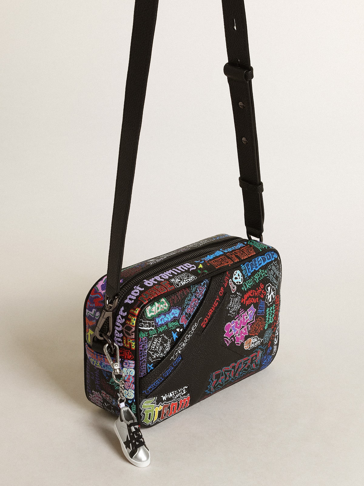Golden Goose - Women's Star Bag in black hammered leather with multicolor print in 