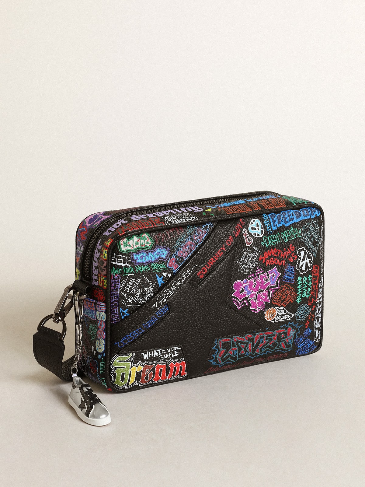 Golden Goose - Women's Star Bag in black hammered leather with multicolor print in 
