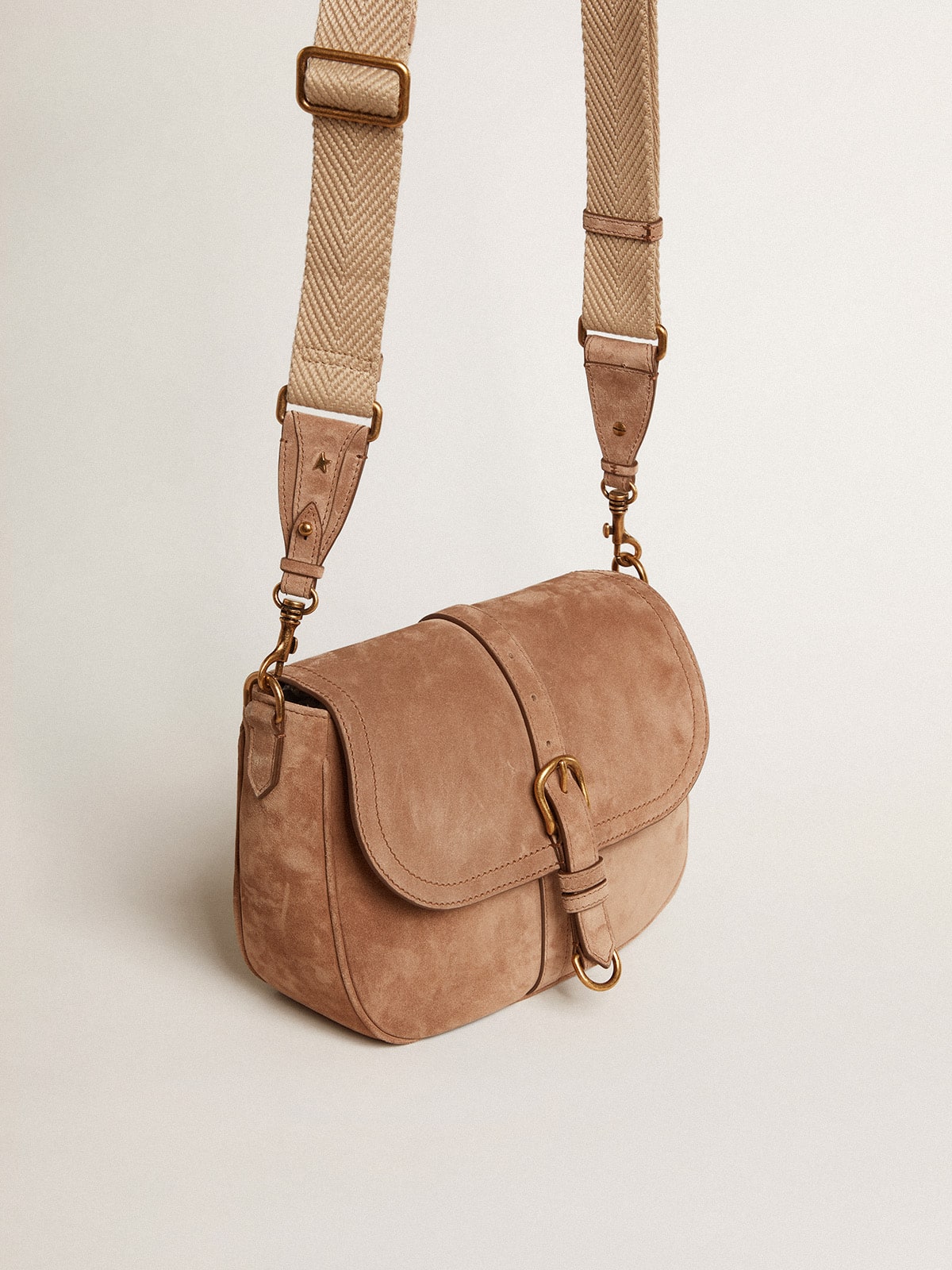 Golden Goose - Sally Bag medium in suede color cenere con fibbia e tracolla a contrasto in 