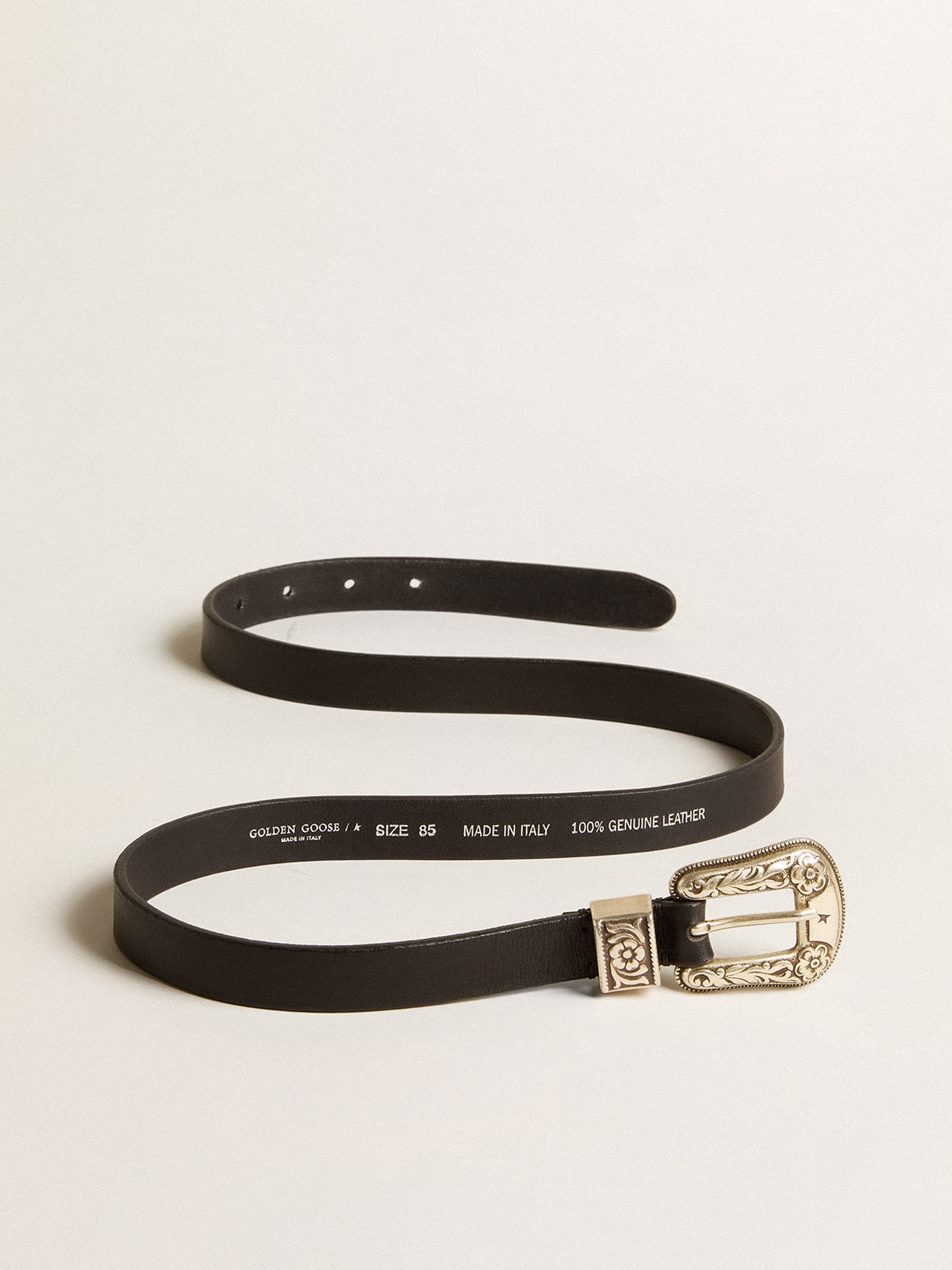 Golden Goose - Black belt in washed leather with silver color buckle in 