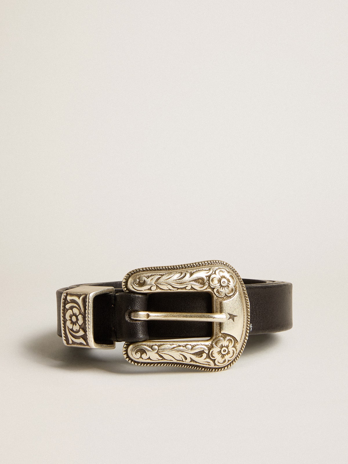 Golden Goose - Black belt in washed leather with silver color buckle in 