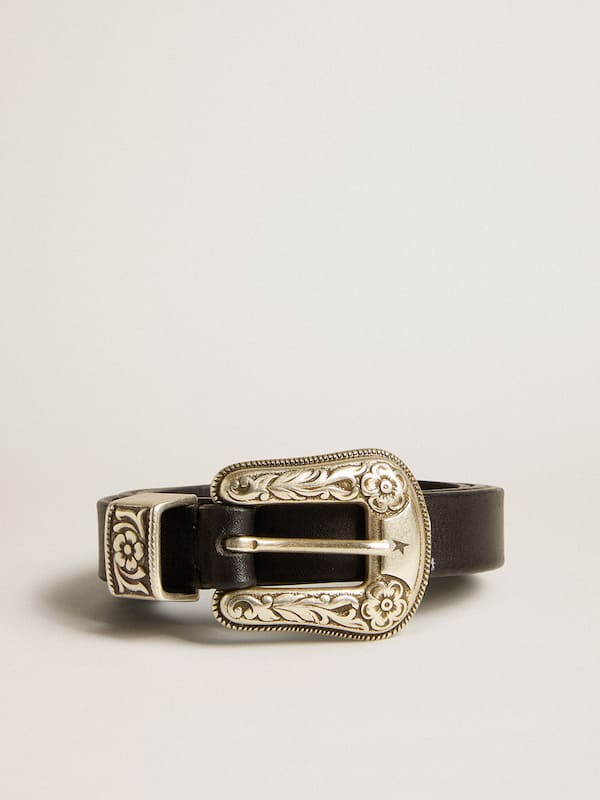 Golden Goose - Black belt in washed leather with silver color buckle in 