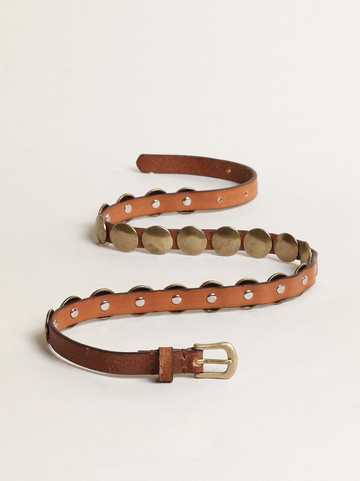 Golden Goose - Trinidad belt in aged tan-colored leather with golden maxi studs in 