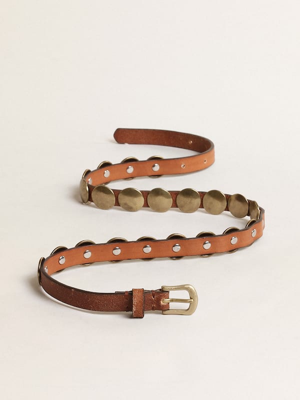 Golden Goose - Trinidad belt in aged tan-colored leather with golden maxi studs in 