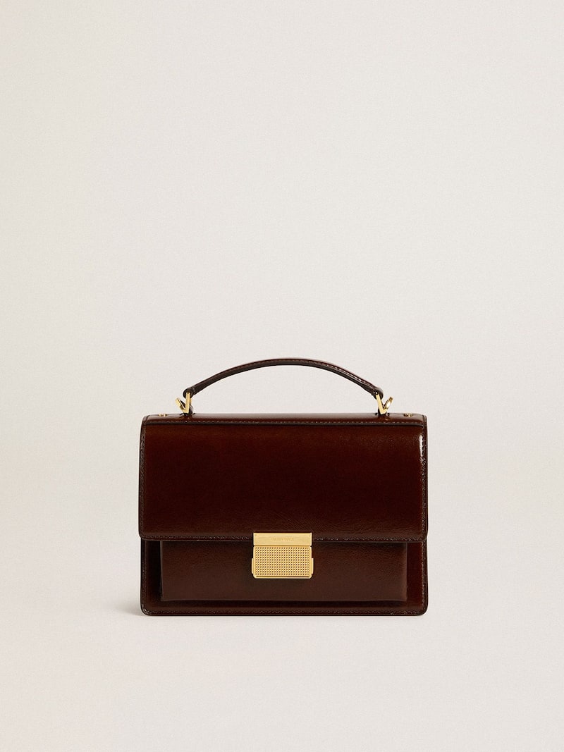 Venezia Bag in dark brown laminated leather with gold details 