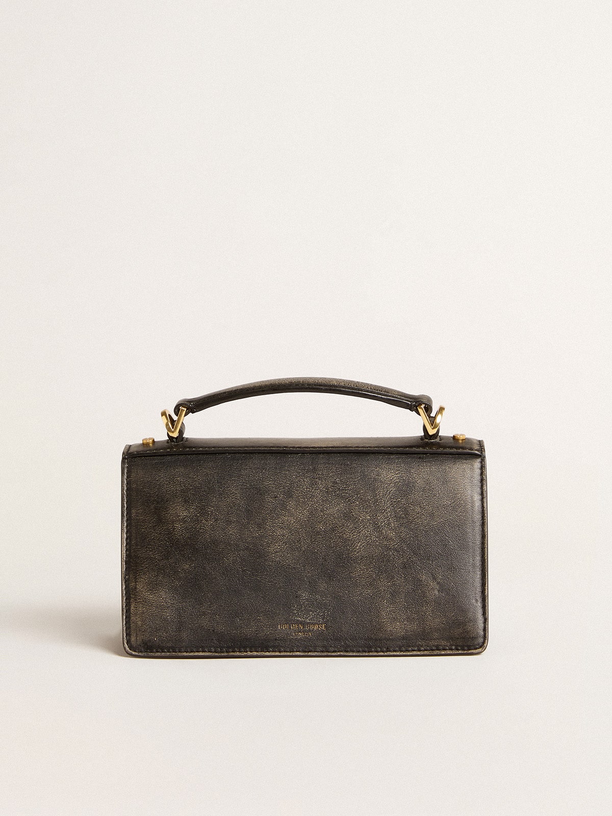 Golden Goose - Small Venezia Bag in black distressed leather with gold details in 