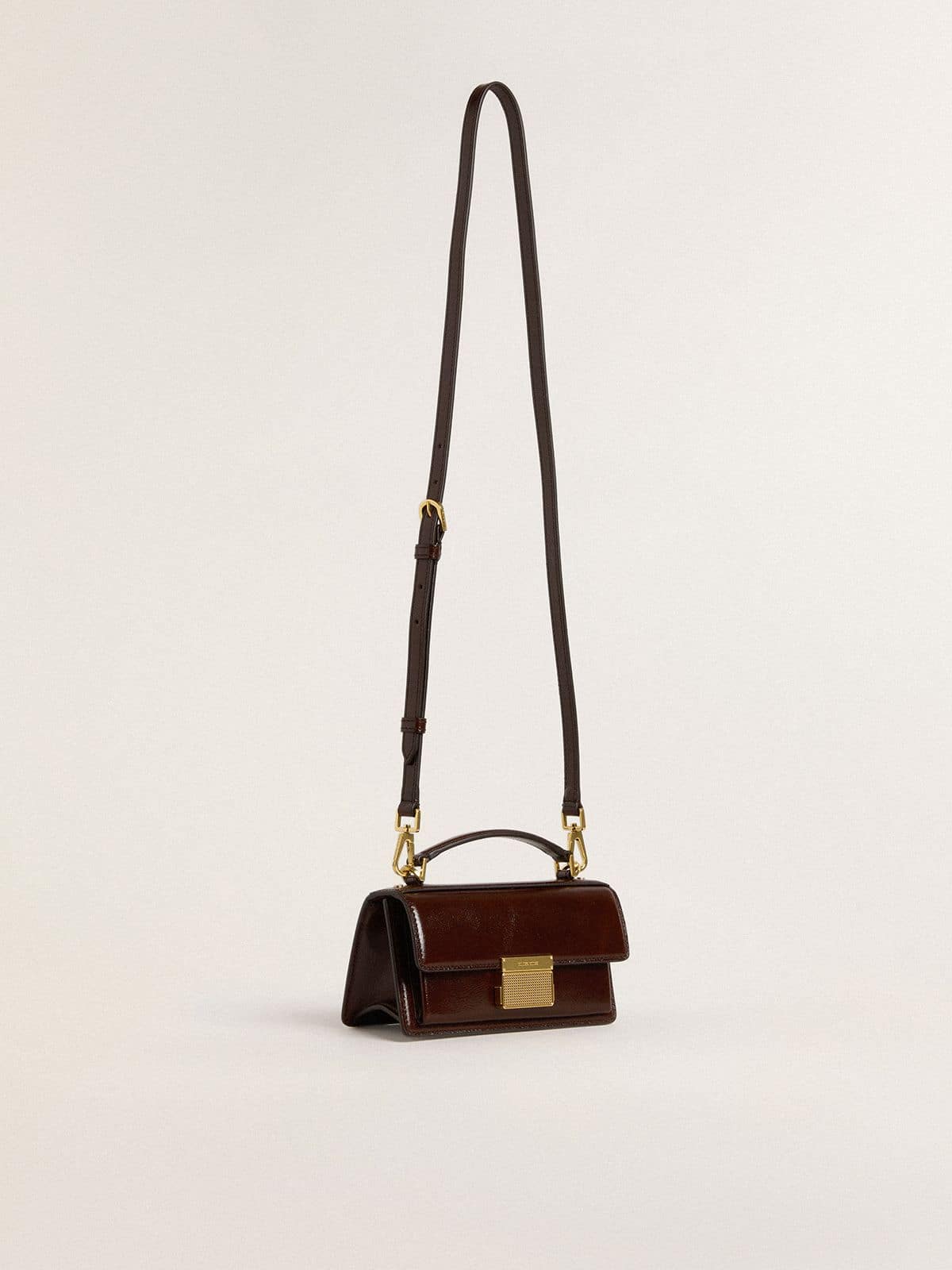 Small Venezia Bag in dark brown laminated leather with gold details 