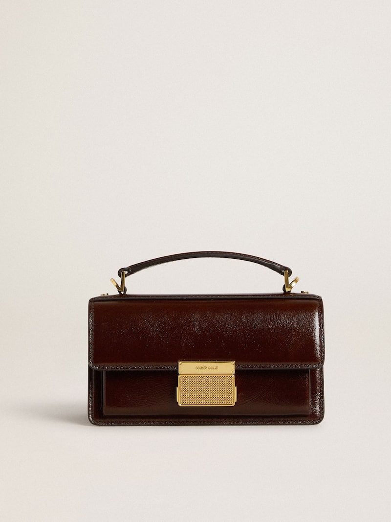 Small Venezia Bag in dark brown laminated leather with gold details 