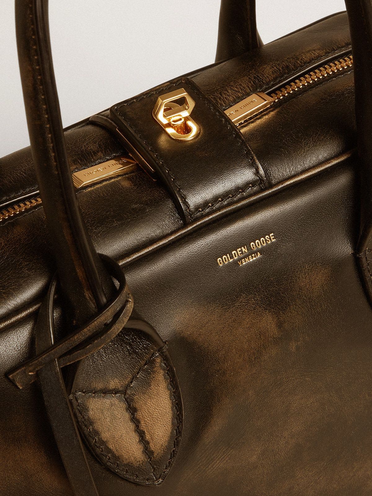 Golden Goose - Vita Bag in black distressed leather with gold details in 