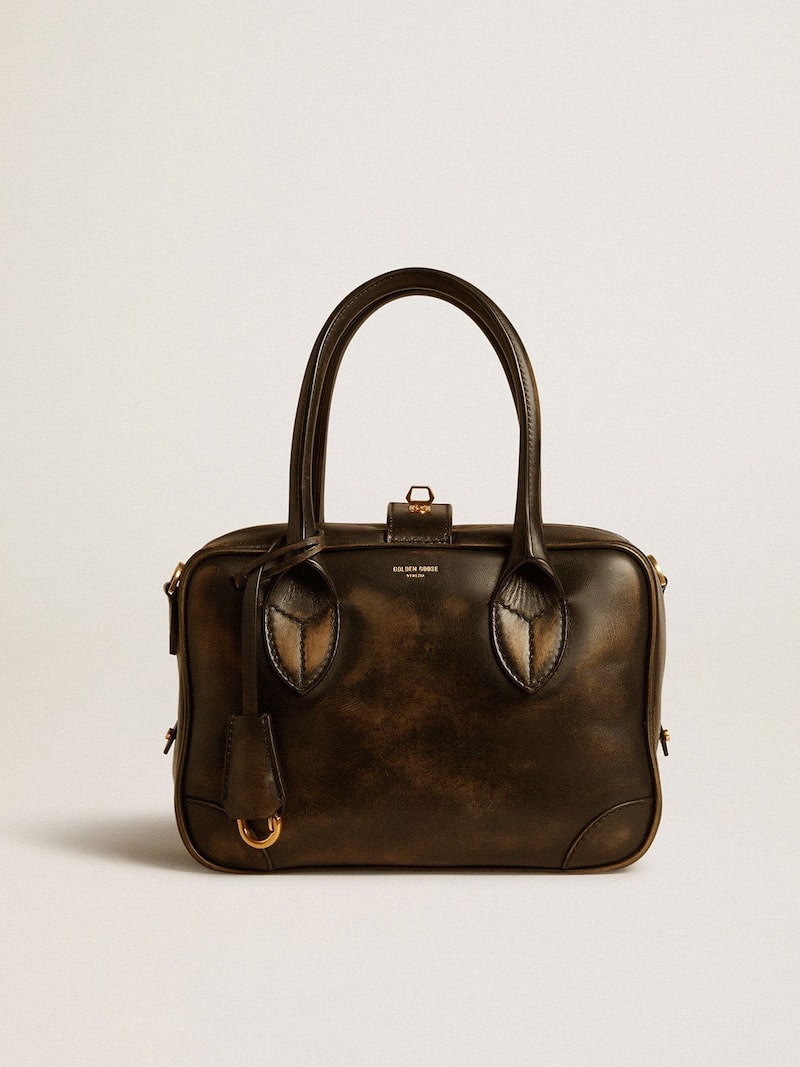 Vita Bag en cuir noir à l’effet usé avec détails dorés