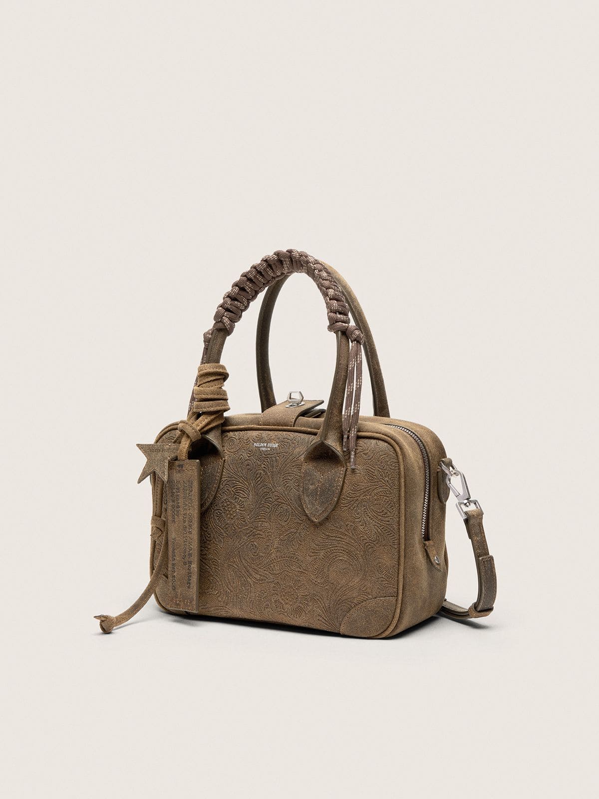 Golden Goose - Vita Bag in pelle scamosciata verde militare con motivo floreale in rilievo e dettagli argento in 