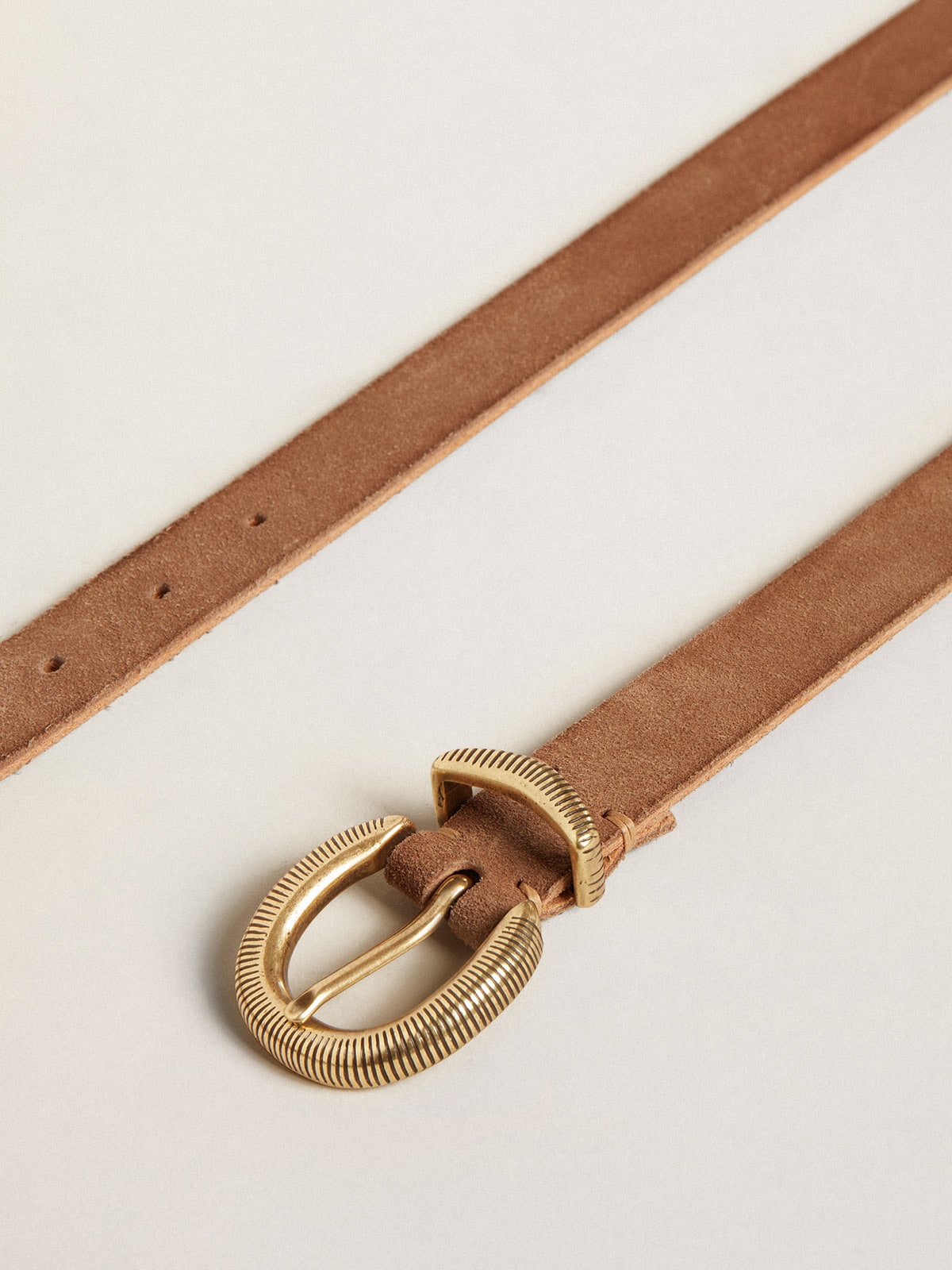 Golden Goose - Ash-colored nubuck leather belt with gold buckle in 