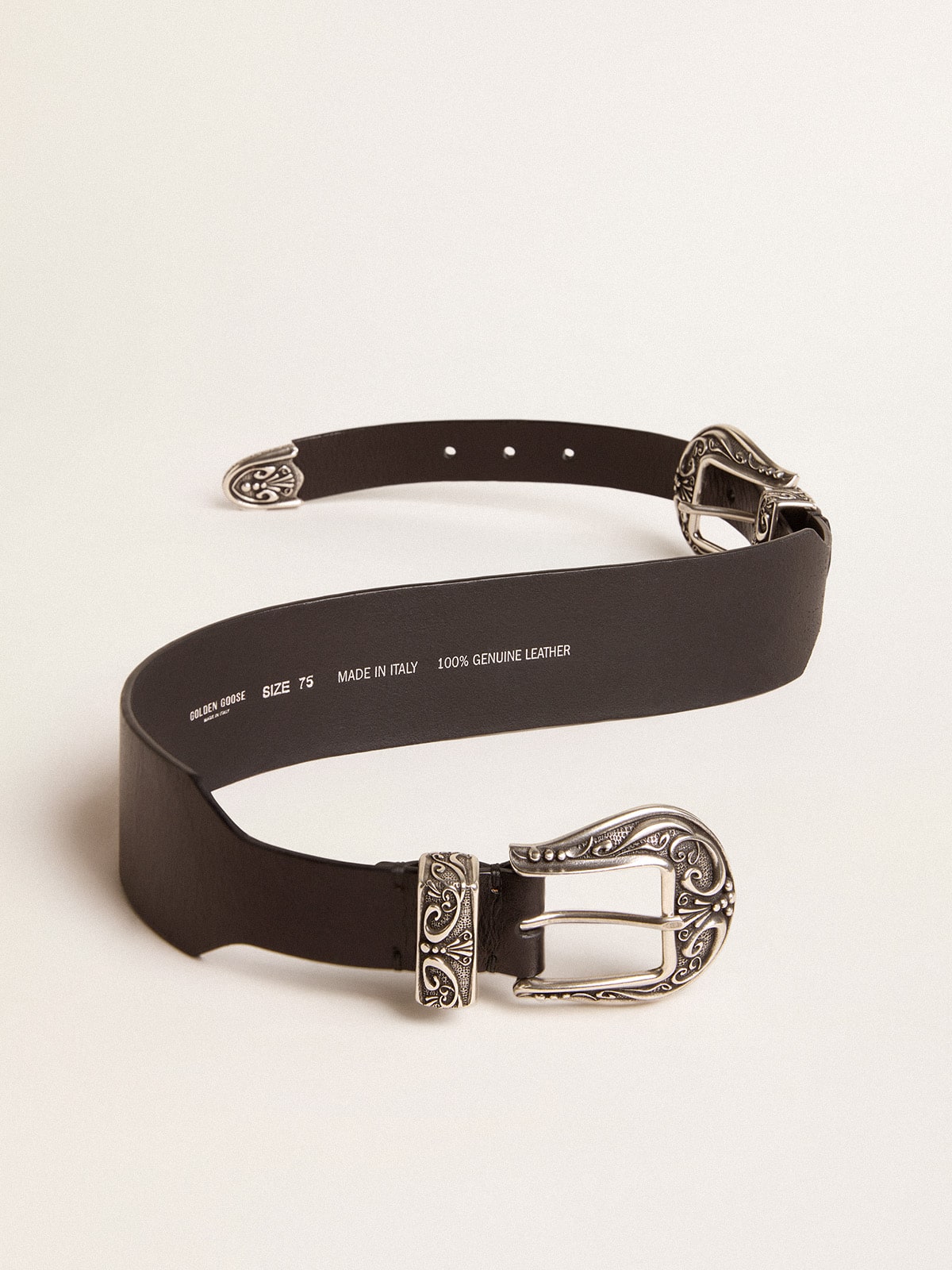 Golden Goose - Black belt in washed leather with silver-colored double buckle in 