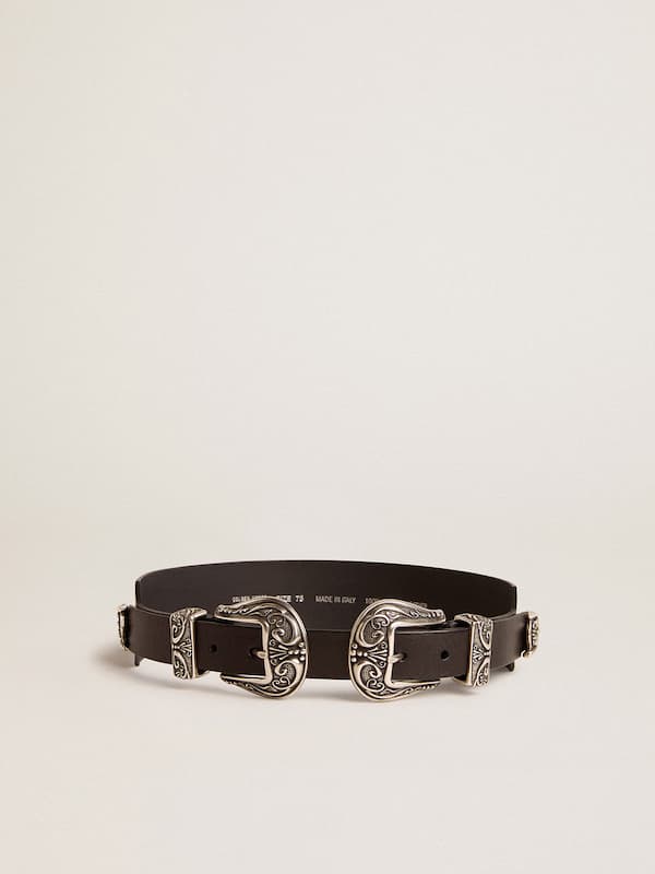 Golden Goose - Black belt in washed leather with silver-colored double buckle in 
