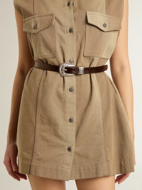 Golden Goose - Women's dark brown leather belt with decorated silver buckle in 