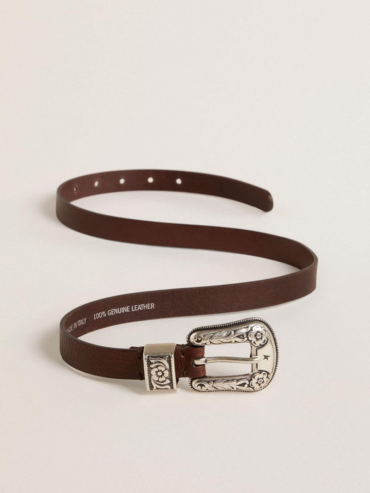 Golden Goose - Ceinture pour femme en cuir marron foncé avec boucle décorée argentée in 