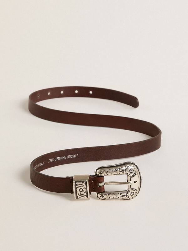 Golden Goose - Women's dark brown leather belt with decorated silver buckle in 
