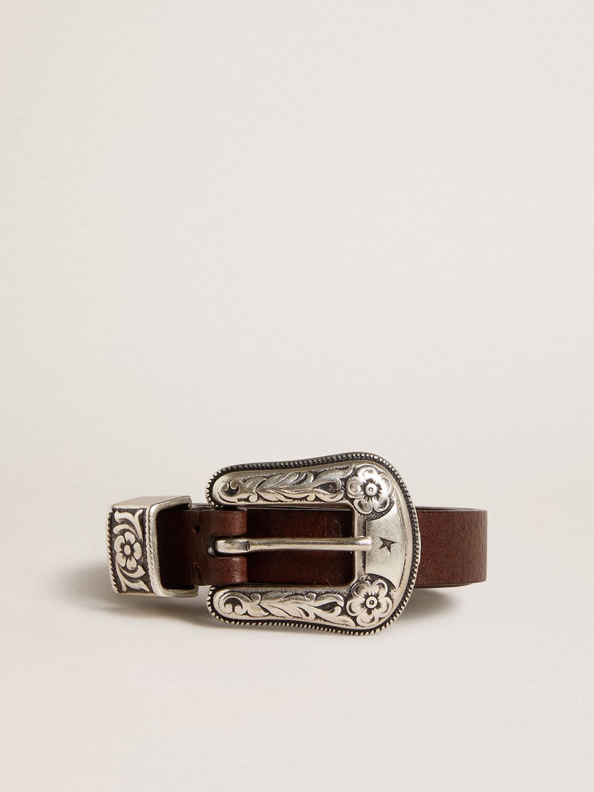 Golden Goose - Ceinture pour femme en cuir marron foncé avec boucle décorée argentée in 