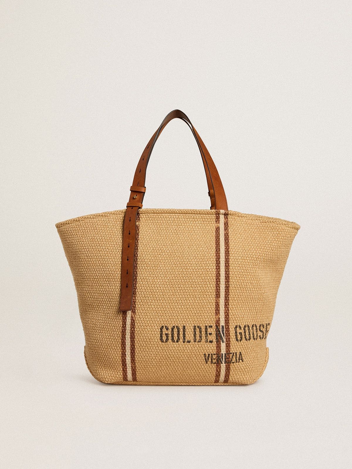 Golden Goose - 24.7 tote bag in natural raffia and brown leather with gold metallic details in 