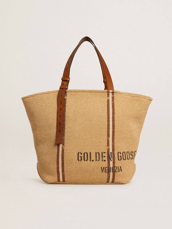 Golden Goose - 24.7 tote bag in natural raffia and brown leather with gold metallic details in 